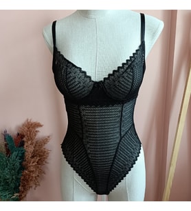 Valentina Zigzag Yumuşak Tül Detaylı Kadın Fantezi Bodysuit-SİYAH