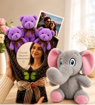 Kişiye Özel Fotoğraflı Aynalı Mor Ayıcık Buketi ve Peluş Fil Sevgiliye Kadına Hediye