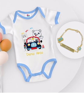 BK Kids Kişiye Özel Sevimli Sürücü Tasarımlı Mavi Bebek Body Zıbın ve Erkek Bebek Künyesi Hediye Seti-1