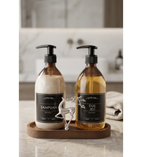 Sabunluk Amber Şişe Cam İkili Şampuan-Duş Jeli Banyo Düzenleyici Lüks Gümüş Geyik Ahşap Standlı 500ml