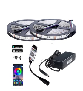 10 Metre 12V 60 Ledli RGB İç Mekan Şerit Led 8A Plastik Adaptör Bluetoothlu Telefondan Led Kontrol Ü