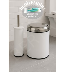Beyaz Pratik Kapak Çöp Kovası 8Lt Ve Tuvalet Fırçası Banyo Seti - Mini Boy