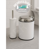 Beyaz Pratik Kapak Çöp Kovası 8Lt Ve Tuvalet Fırçası Banyo Seti - Mini Boy