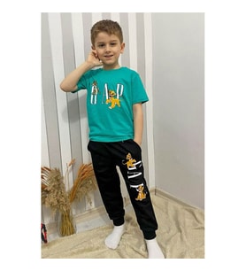 KAREKTER BASKILI MEVSİMLİK 2/8 YAŞ EŞOFMAN TAKIM (Yeşil-Siyah)