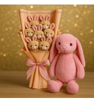 8 Adet Tüylü Peluş Tavşan Kahve Renk Ayıcık Buketi -45cm Tavşan Hediyeli (Pudra Pembe)