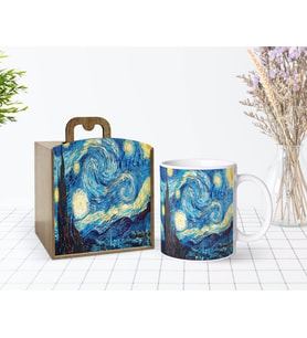 BK Gift Kişiye Özel Ahşap Kutuda The Starry Night Vincent Van Gogh Tasarımlı Beyaz Kupa Bardak-1