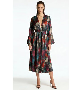Roxela Desenli Uzun Saten Sabahlık / Kimono