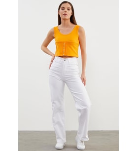 Askılı Düğme Detaylı Ribana Crop Tişört - Oranj