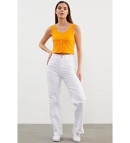 Askılı Düğme Detaylı Ribana Crop Tişört - Oranj