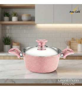 ARZU ÇELİK 18 Cm Granit Derin Tencere Çelik Kapak - Pembe