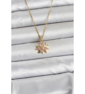 316L Çelik Zincir Gold Renk Pembe Papatya Model Kadın Kolye