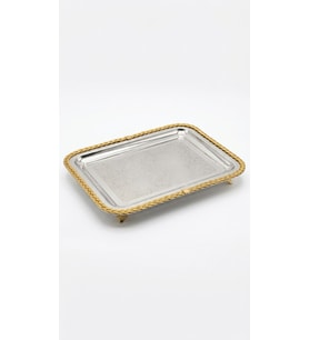 Gold Örgü Kenarlı Lazer İşlemeli Paslanmaz Metal Sunum Tepsi (41x31 cm)