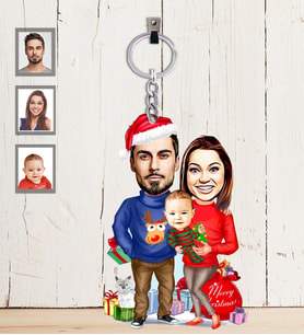 Kişiye Özel Yılbaşı Aile Karikatürlü Ahşap Anahtarlık Model-3-Eco