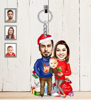 Kişiye Özel Yılbaşı Aile Karikatürlü Ahşap Anahtarlık Model-3-Eco