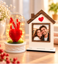 Kişiye Özel Fotoğraflı Ahşap Ev Çerçevesi ve LED Işıklı Kırmızı Kalpli Fanus Hediye Seti (ab1)