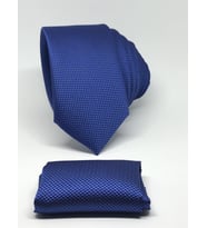 Mavi Renk Mendilli Slim Fit Oxford Kuş Gözü Desen Kravat