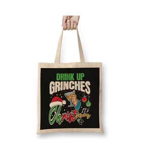 Drink Up Grinches Its Christmas Knit Yılbaşı Beyaz Bez Çanta Uzun Saplı Alışveriş Çantası