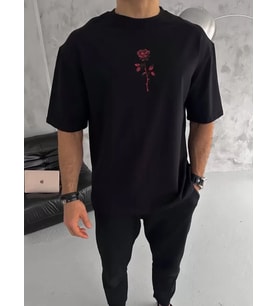 pilelistore- Unisex Bisiklet Yaka Baskılı Oversize T-Shirt - Siyah