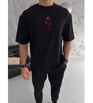 pilelistore- Unisex Bisiklet Yaka Baskılı Oversize T-Shirt - Siyah
