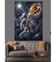 Gezegenle Oynayan Uzaydaki Astronot Tablo Dekoratif Kanvas - Mdf Ahşap Tablo