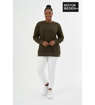 Kadın Büyük Beden Bisiklet Yaka Kollar ve Etek Ribanalı İnce Sweatshirt SPR26BSWK956 (Haki)