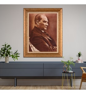 Altın Varaklı Çerçeveli Paspartulu Atatürk Tablo DC0666 (Gold)