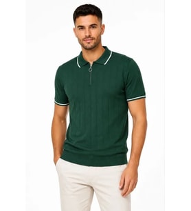Erkek Fitilli Triko T-shirt Polo Yaka Yarım Fermuarlı Kısa Kollu Tişört - Yeşil