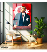 Altın Renk Metal Çerçeveli Tamperli Cam Tablo Atatürk Ufka Bakış Atatürk Tablosu Duvar Dekoru