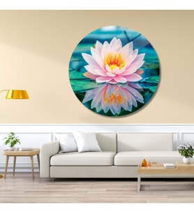 Yuvarlak Temperli Gerçek Cam Tablo Pembe Lotus Çiçeği