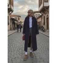 Kışlık Astarlı Sırtı Detaylı Kadın Kaşmir Kaban (Lacivert)