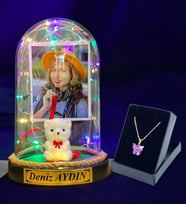Kişiye Özel Renkli Led Işıklı Fanus ve Kelebek Kolye Hediye Seti (Model 1)