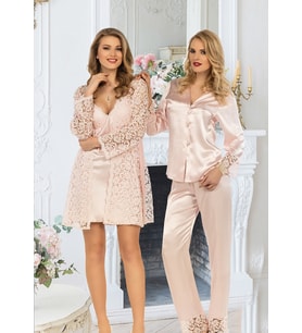 Lüx Kadın 6 Parça Saten Pijama Gecelik Sabahlık Gelin Çeyiz Seti 1487 (Krem)
