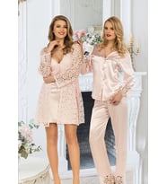 Lüx Kadın 6 Parça Saten Pijama Gecelik Sabahlık Gelin Çeyiz Seti 1487 (Krem)
