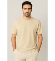 Oversize Unisex Yarım Kollu Bisiklet Yaka %100 Pamuk Baskısız T-shirt (Bej)