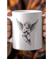 Kanatlı Melek Desenli 330ml Baskılı Beyaz Seramik Kupa Bardak