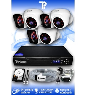 PICAM 6 Kameralı Kare 3 İç Kamera Set 250 GB HDD Full HD Gece Görüşlü Güvenlik Kamerası Sistemi