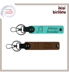 Kalbinde Müzik Taşıyanlara Kişisel İsim Yazılabilen Hatıra, Deri Anahtarlık Seti, Turkuaz-Açık Kahve