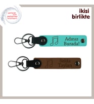 Kalbinde Müzik Taşıyanlara Kişisel İsim Yazılabilen Hatıra, Deri Anahtarlık Seti, Turkuaz-Açık Kahve