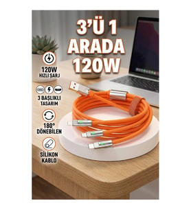 120W 3 İn 1 Döner Başlıklı Silikon Hızlı Şarj Kablosu USB Type-C LED Işıklı