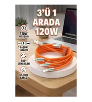 120W 3 İn 1 Döner Başlıklı Silikon Hızlı Şarj Kablosu USB Type-C LED Işıklı