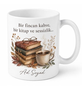 Kitap Kafe Temalı Okur Kupası Özel Baskılı Porselen Kupa Bardak Hediye