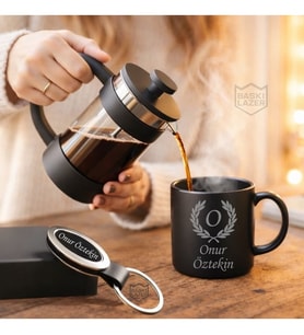 Hemen Kargo - Erkek Kadın Kişiye Özel French Press Kupa Bardak Anahtarlık Hediye Seti