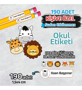 Okul Etiketi İsme Özel Kalem Defter Etiketi (ANİMAL -1) -190 Adet