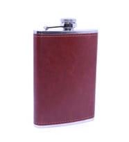 Kahverengi Deri Kaplama Paslanmaz Çelik Cep Matarası - Hip Flask 9 OZ (Gümüş)