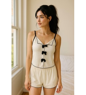 Siyah Kurdelalı Fitilli Askılı Şortlu Pijama Takımı (Çok Renkli)