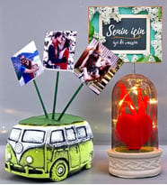 Kişiye Özel Hediye Seti 3 Fotoğraflı Yeşil Vosvos Saksı ve Led Işıklı Fanus (Model 1)