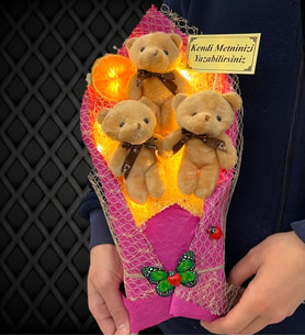 Led Işıklı Kişiye Özel Kahverengi Ayıcıklı Büyük Boy Peluş Ayıcık Buketi (Model 4)