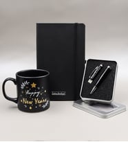 Yılbaşına Özel Happy New Years Kupa & Siyah Defter & 32 gb Usb Siyah Kalem Hediye Seti