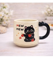 Sevimli Kedi Baskılı Seramik Kupa Bardak Kahve Fincanı Kawaii Tasarım Hediyelik Ofis (Beyaz-Siyah-Sarı)