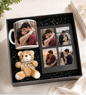 Kişiye Özel Premium Kutu Fotoğraflı Kupa Bardak Peluş Ayıcık Anahatarlık Dört Resimli Siyah Kolaj Masaüstü Fotoğraf Siyah Çerçeve